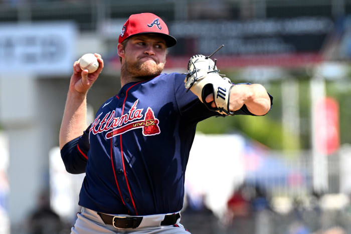 Mar 7, 2024; Fort Myers, Florida, USA; Atlanta Braves pitcher Bryce Elder (55) throws a pitch in the first inning of the spring training game against the Boston Red Sox at JetBlue Park at Fenway South.
